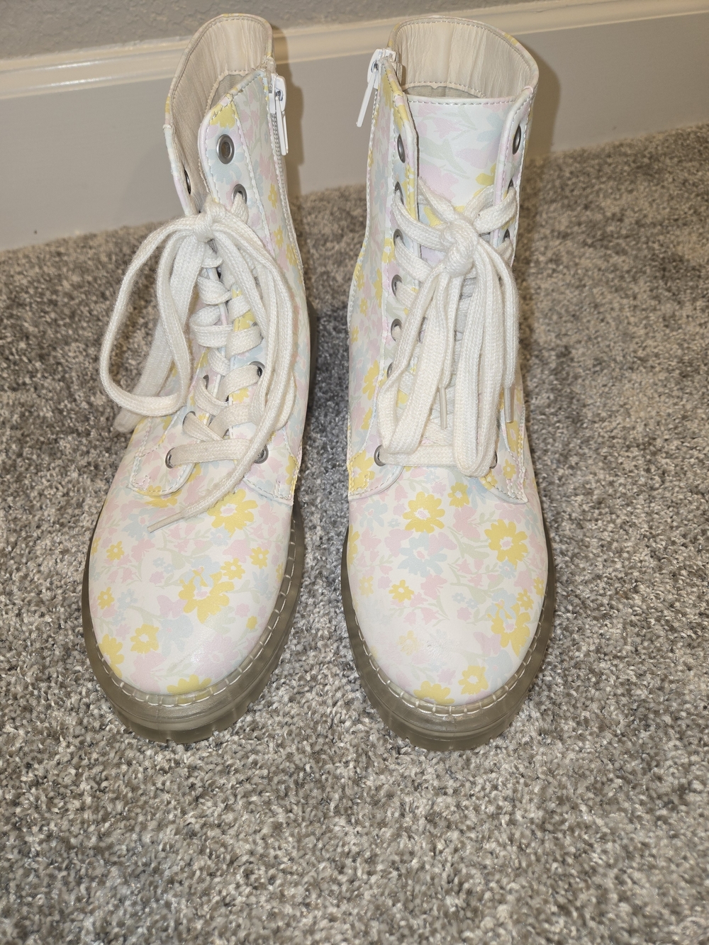 Sugar Kaedy Floral Canvas Combat Boots - White with Pastel Yellow & Pink 8.5